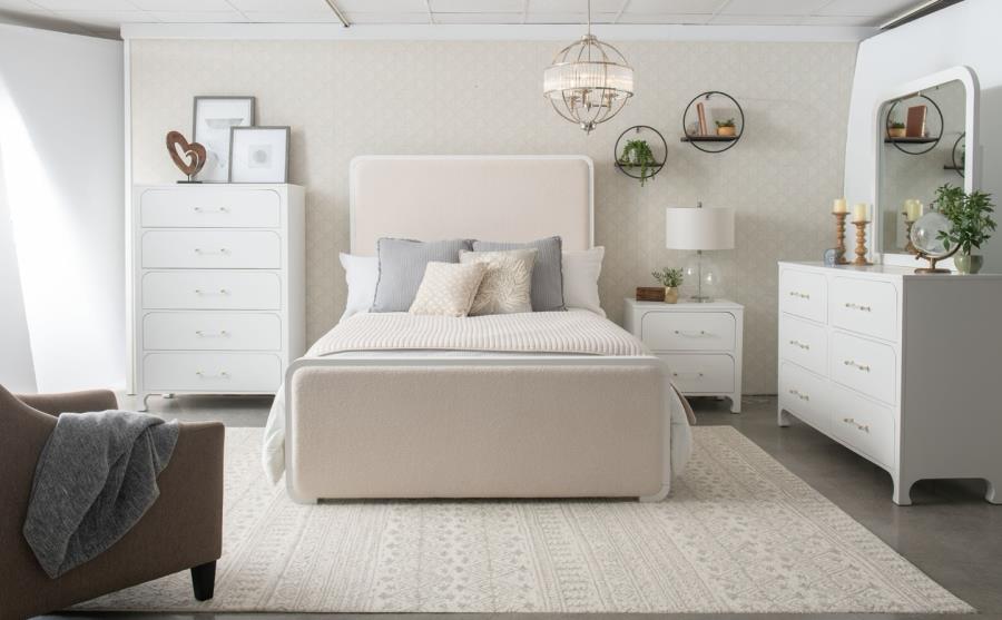 224751Q 4-PC Anastasia Boucle Upholstered Panel Bed Pearl White and Beige