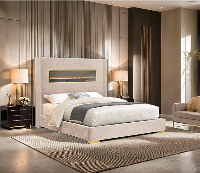 FM74003BG Danvers Queen Bed w/ simulated fireplace , Bluetooth & USB