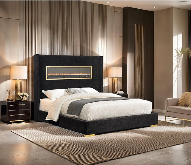 FM74003BK Danvers Queen Bed w/ simulated Fireplace, Bluetooth &USB