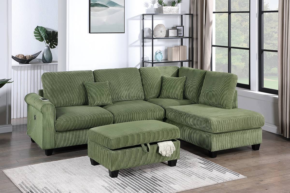 F8454 3-Piece Sectional Set W/ USB Port + Storage Ottoman