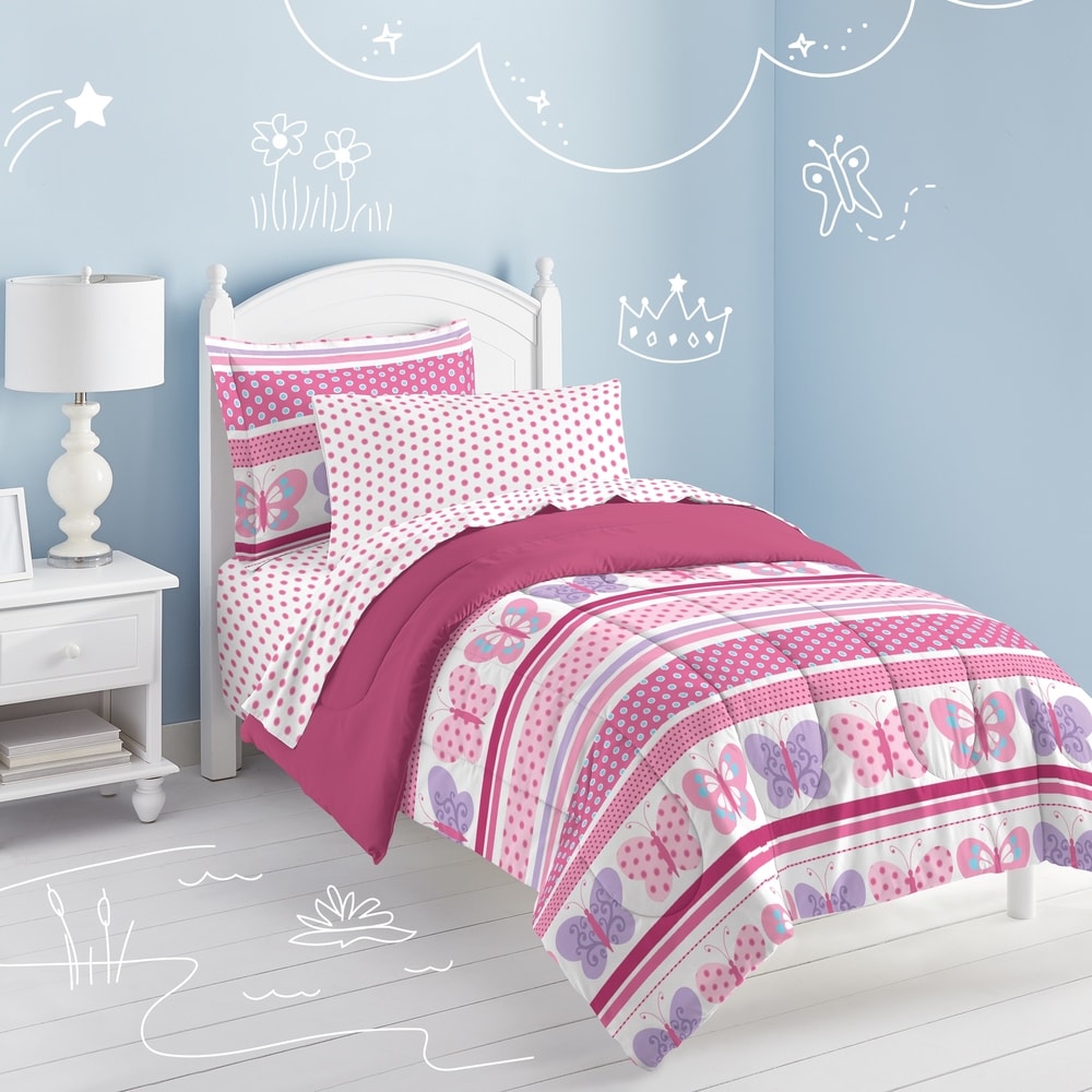 Parure de lit 7 pièces Dream Factory Butterfly Dots Pink avec draps