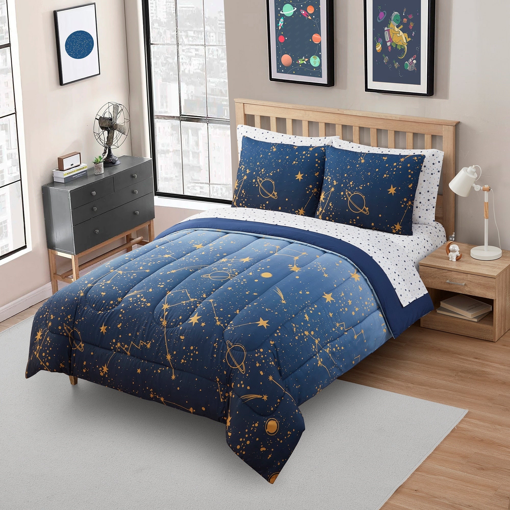 Parure de lit Galaxy pour enfants avec couette, taie d'oreiller et drap