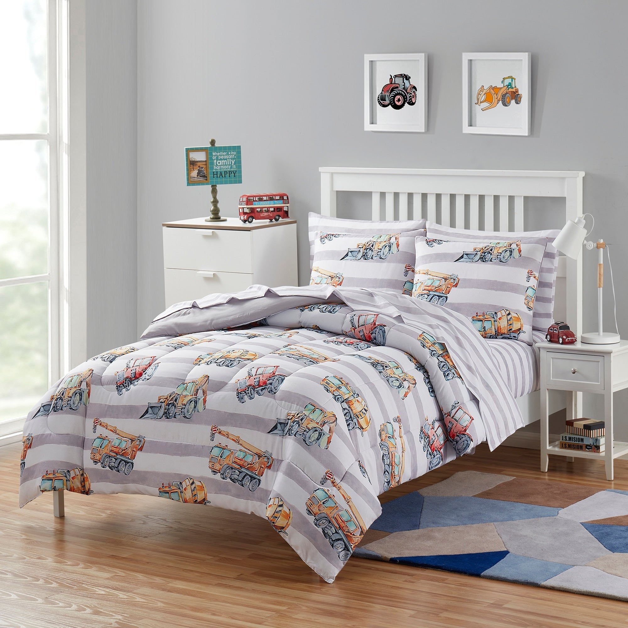 Ensemble de literie 5 pièces pour enfants avec couette, taie d'oreiller et draps Motif camions